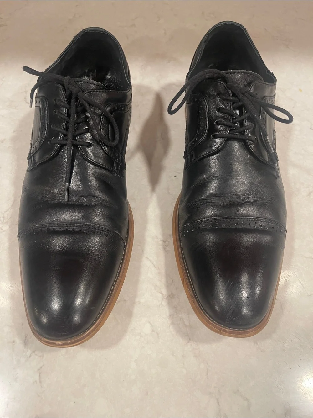 Stacy Adams Black Leather Cap-Toe Oxfords with Tan Welt